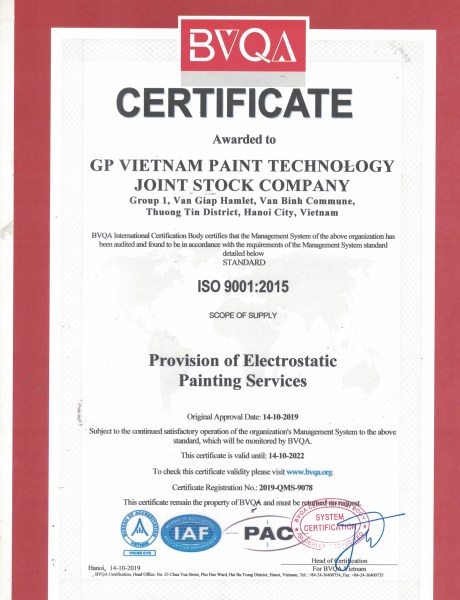 Chứng chỉ ISO 9001:2015 - Sơn GP Việt Nam - Công Ty Cổ Phần Công Nghệ Sơn GP Việt Nam